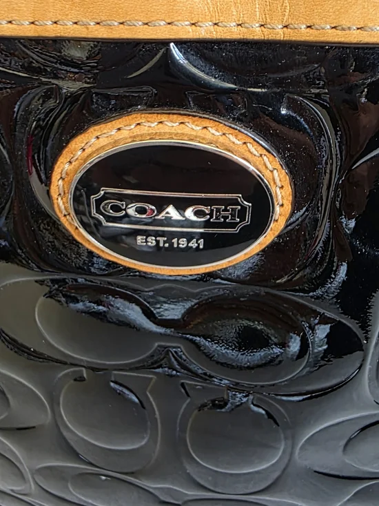 Coach Peyton Small Black Patent Leather Tote with Tan Leather Trim - Picture 2 of 9